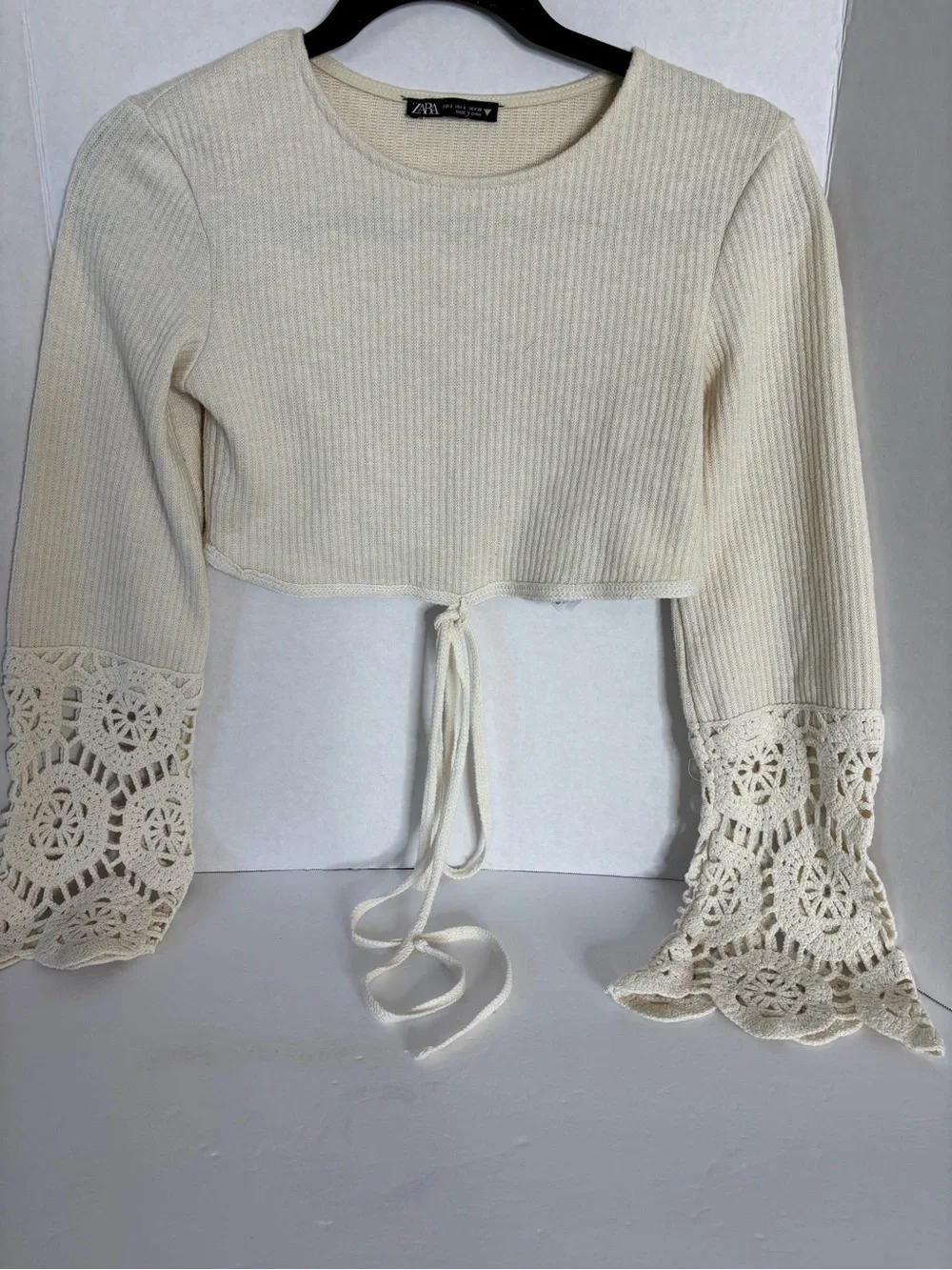 Zara Cream Ribbed Crop Top with Crochet Bell Sleeves and Tie